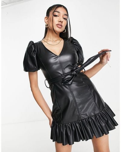 Miss Selfridge Faux Leather Frill Hem Belted Dress - Black