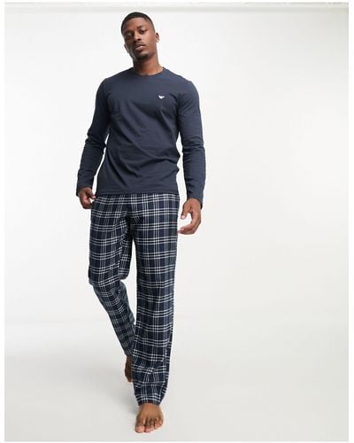 Emporio Armani Bodywear Long Sleeve Top And Check Pants Pajama Set - Blue