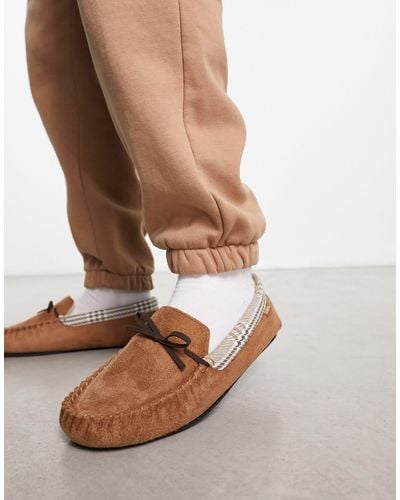 Totes Moccasin Slippers With Check Lining - Brown