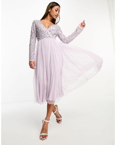 Beauut Bridesmaid Long Sleeve Embellished Midi Dress - Purple