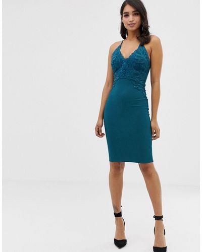 Lipsy Floral Applique High Neck Bodycon Dress In Teal - Blue