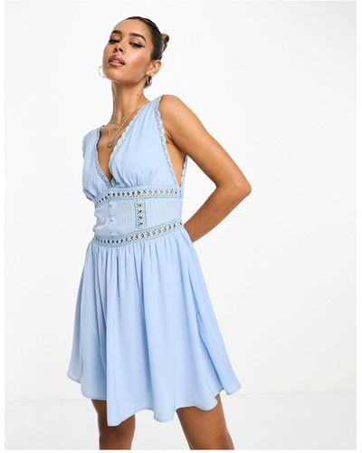 ASOS Lace Insert Skater Satin Mini Dress - Blue
