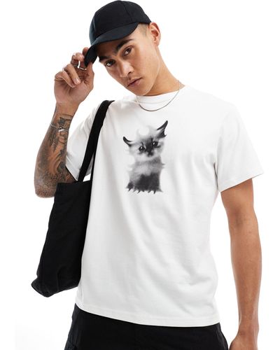 Weekday Toby - t-shirt coupe carrée à imprimé chaton - Blanc