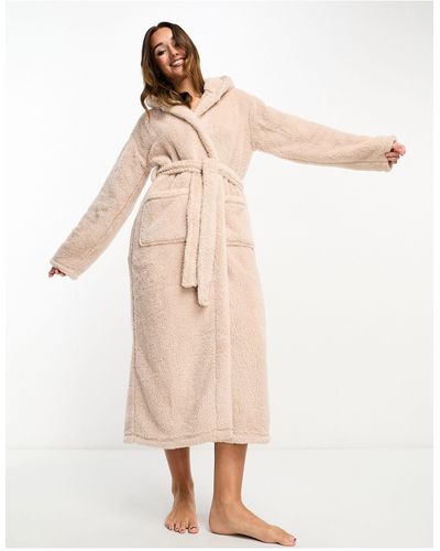 Loungeable Cozy Sherpa Hooded Maxi Dressig Gown - Natural