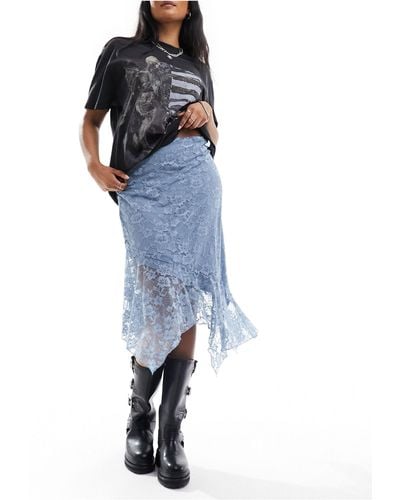 Monki Midi Knee Length Lace Asymmetric Skirt With Lining - Blue