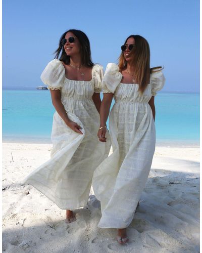 Labelrail X collyer twins - robe longue en dentelle à encolure carrée et manches bouffantes - crème - Bleu