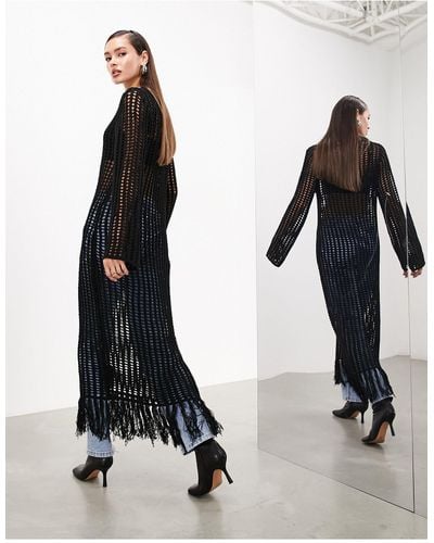 ASOS Long Sleeve Open Knit Maxi Dress With Tassels - Black