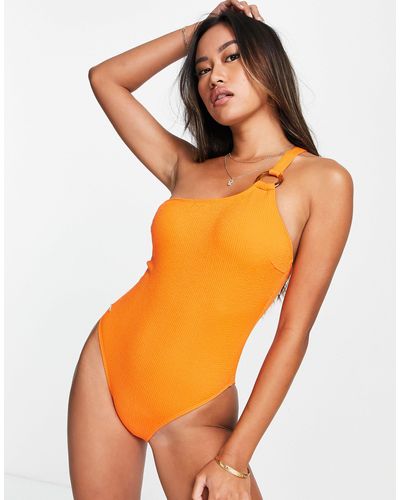 River Island One Shoulder Textured Swimsuit - Orange