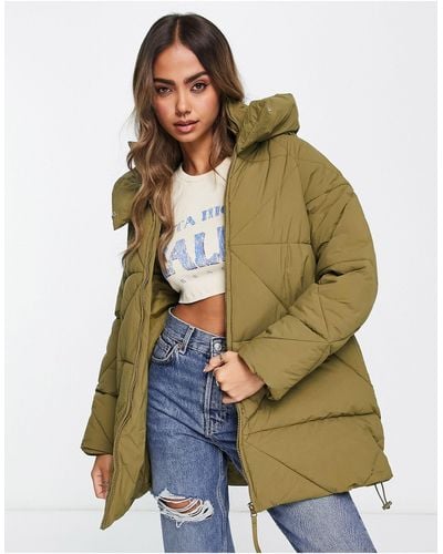New Look Mid Length Padded Puffer Coat With Hood - Green
