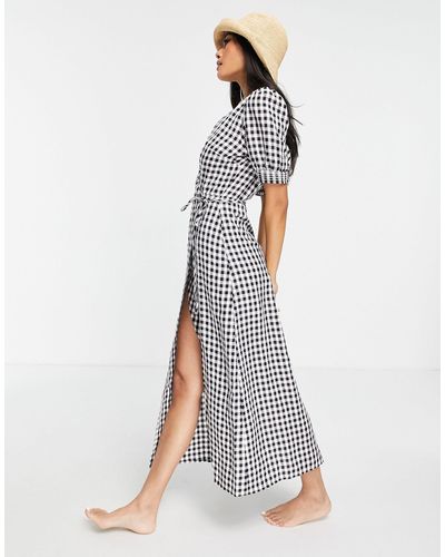 Fashion Union Exclusives - Zomerjurk Voor Op Het Strand Met Overslag En Gingham Ruit - Meerkleurig