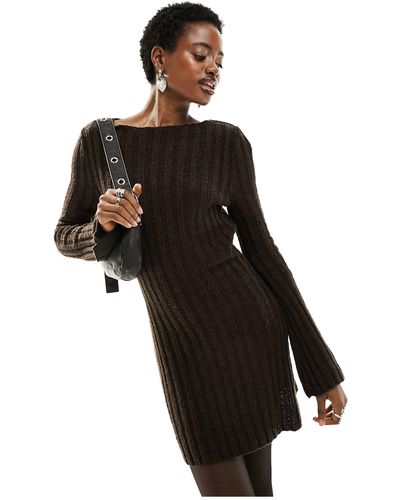 Collusion Knitted Texture Slash Neck Mini Dress - Black