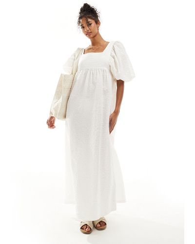 ASOS Crinkle Midi Smock Dress With Puff Half-sleeve - White