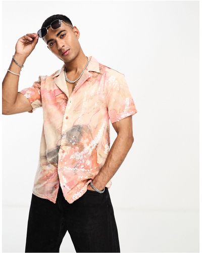 Labelrail X Stan & Tom Revere Collar Marbled Print Sequin Short Sleeve Shirt - Pink