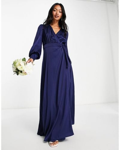 TFNC London Bruidsmeisjes - Maxi-jurk Van Satijn Met Lange Mouwen - Blauw