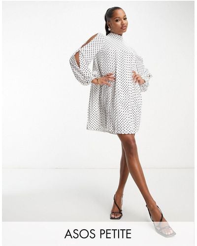 ASOS Asos Design Petite High Neck Pleated Trapeze Mini Dress With Split Sleeves - White