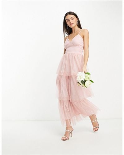 Vila Bridesmaid Tulle Dobby Maxi Dress With Tiered Skirt - Pink
