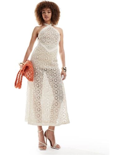 Amy Lynn Crochet Halter Midaxi Dress With Cut Out Back Detail - White
