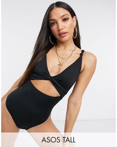 ASOS Asos Design Tall Loop Front Swimsuit With Knot - Black