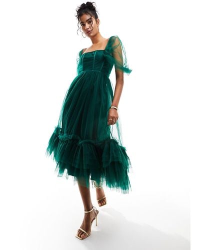 LACE & BEADS Corset Ruffle Tulle Midaxi Dress - Green