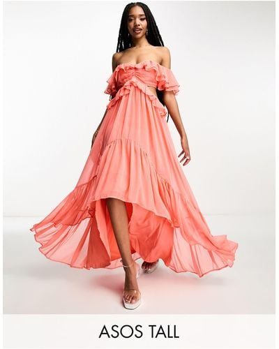 ASOS Asos Design Tall Ruffle Cut Out Off The Shoulder Maxi Dress With Hi Low Hem - Pink