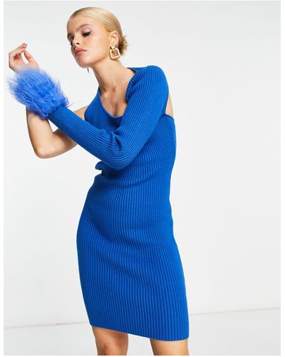 Reclaimed (vintage) Gebreide Mini-jurk Met Blote Schouder En Bontrand - Blauw