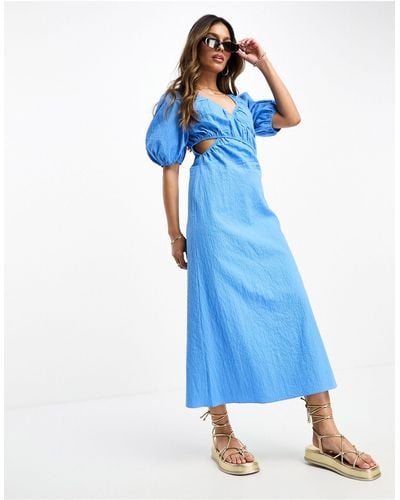 ASOS Seersucker Wrap Tea Dress With Cut Out Detail - Blue