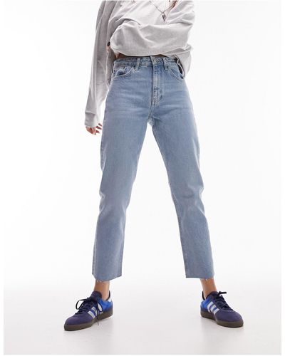 TOPSHOP Jeans dritti corti a vita medio alta candeggiati con bordi grezzi - Blu