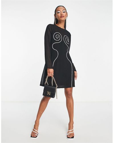 TOPSHOP Long Sleeve Swirl Contrast Stitch Detail Mini Dress - Black