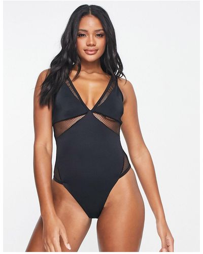 We Are We Wear Deep Plunge Swimsuit With Mesh Insert - Blue