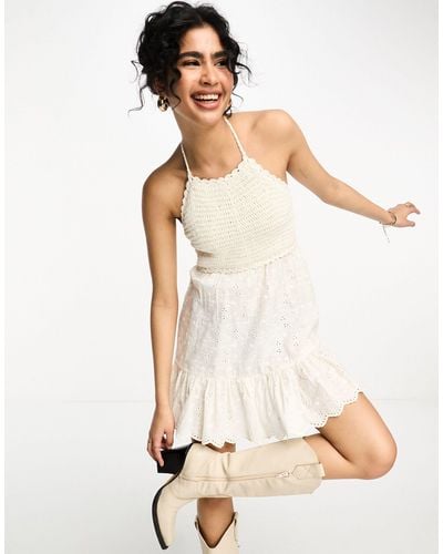 ASOS Crochet Halter Mini Dress With Broderie - Natural
