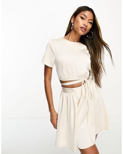 ASOS 2 In 1 Satin Tie Waist Playsuit In Ivory - Natural