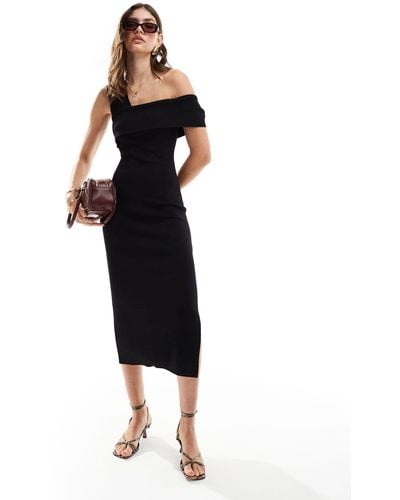 & Other Stories Knitted Midi Dress With Asymmetric Off-shoulder Detail - Black