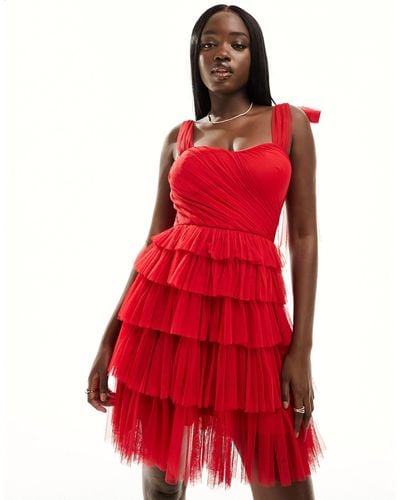 LACE & BEADS Bow Shoulder Tulle Ruffle Mini Dress - Red