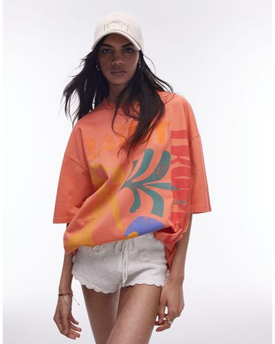 TOPSHOP St tropez - t-shirt oversize con stampa artistica - Arancione