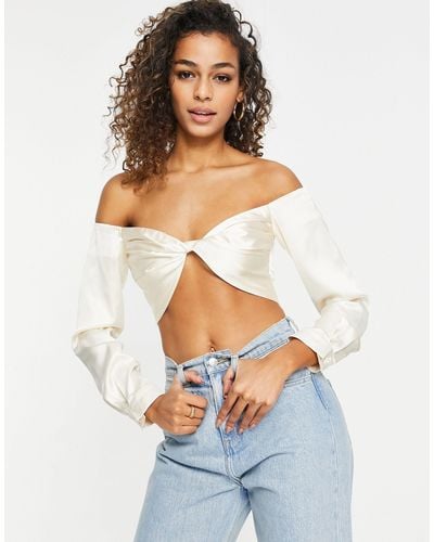 EI8TH HOUR Long Sleeve Satin Crop Top With Twist Front - White