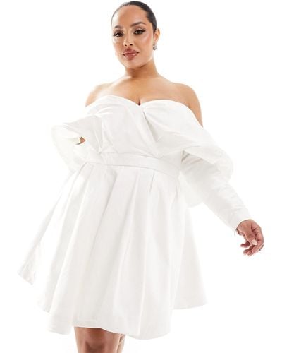 ASOS Asos Design Curve Lila Satin Structured Off Shoulder Mini Wedding Dress With Full Skirt In - White