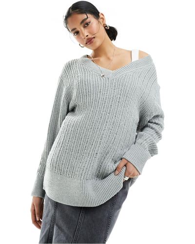 Weekday Farila Oversized V Neck Ladder Knit Sweater - Gray