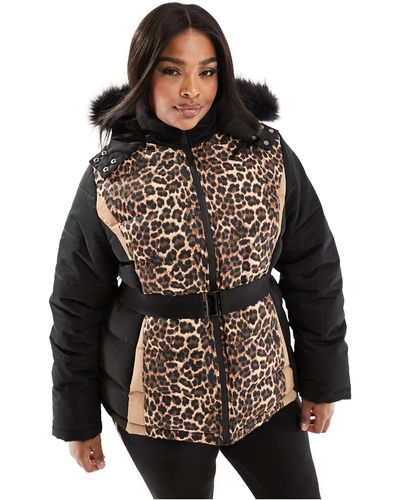 Threadbare Plus – ski – mantel mit gürtel, leopardenmuster und kapuze mit kunstpelzbesatz - Schwarz