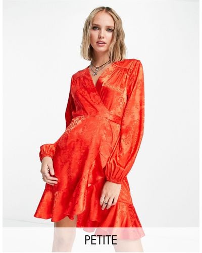 Flounce London Satin Wrap Front Mini Dress With Balloon Sleeve - Red