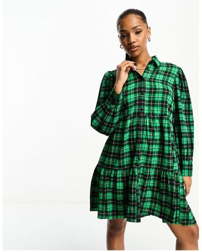 Monki Mini Shirt Dress With Tiered Hem - Green