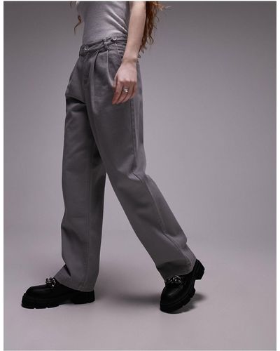 TOPSHOP Button Tab Detail Straight Leg Trouser - Gray