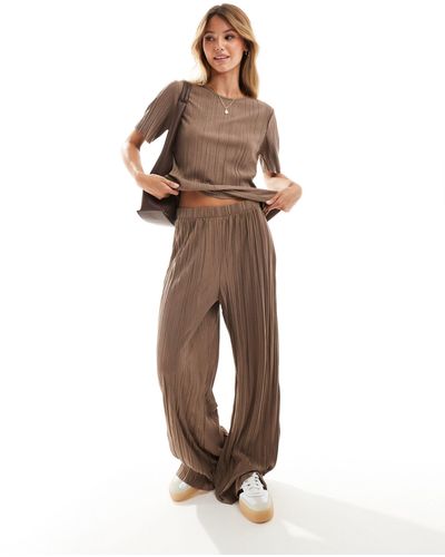 Vila Wide Leg Plisse Trouser Co-ord - Brown