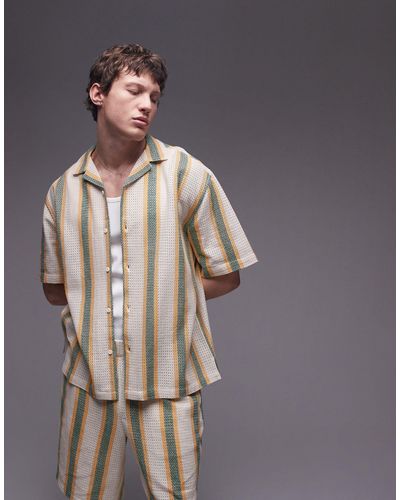 TOPMAN Short Sleeve Crochet Stripe Shirt - Grey