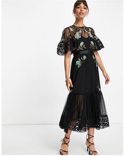 French Connection Embroidered Layered Midi Dress - Black