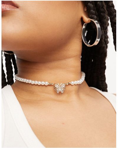 ASOS Asos Design Curve Pearl Choker Necklace With Butterfly Design - Black