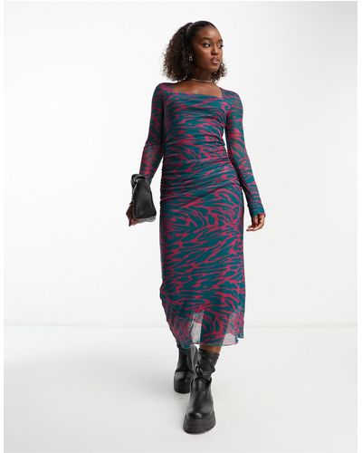 Y.A.S Krizza - Aansluitende Midi-jurk Met Vierkante Halslijn En Print - Blauw
