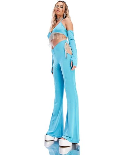 AsYou Festival Diamante Trim Cut Out Ruched Flare Trousers - Blue
