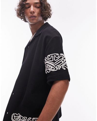 TOPMAN Oversized Fit Button Through Jersey Polo With Embroidery - Blue