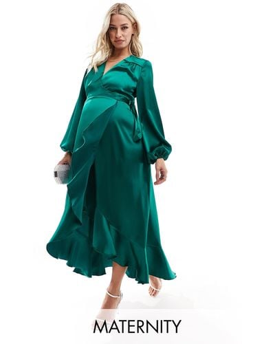 Flounce London Satin Wrap Dress - Green