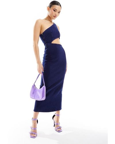 ASOS Denim Cut Out Midi Dress With Asymmetric Neckline - Blue